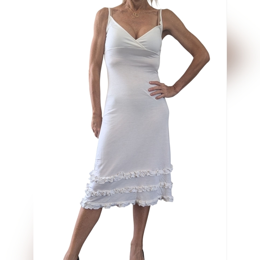 T Luxury Apparel Y2K White Ruffle Hem Slip Dress Midi Spaghetti Strap P